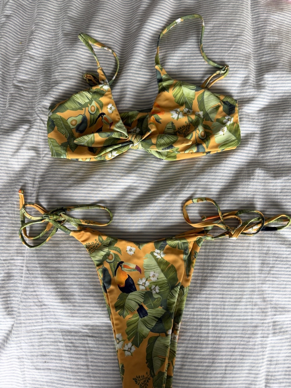 Tropical Yellow Green Leaf Print Tie-Side Bikini